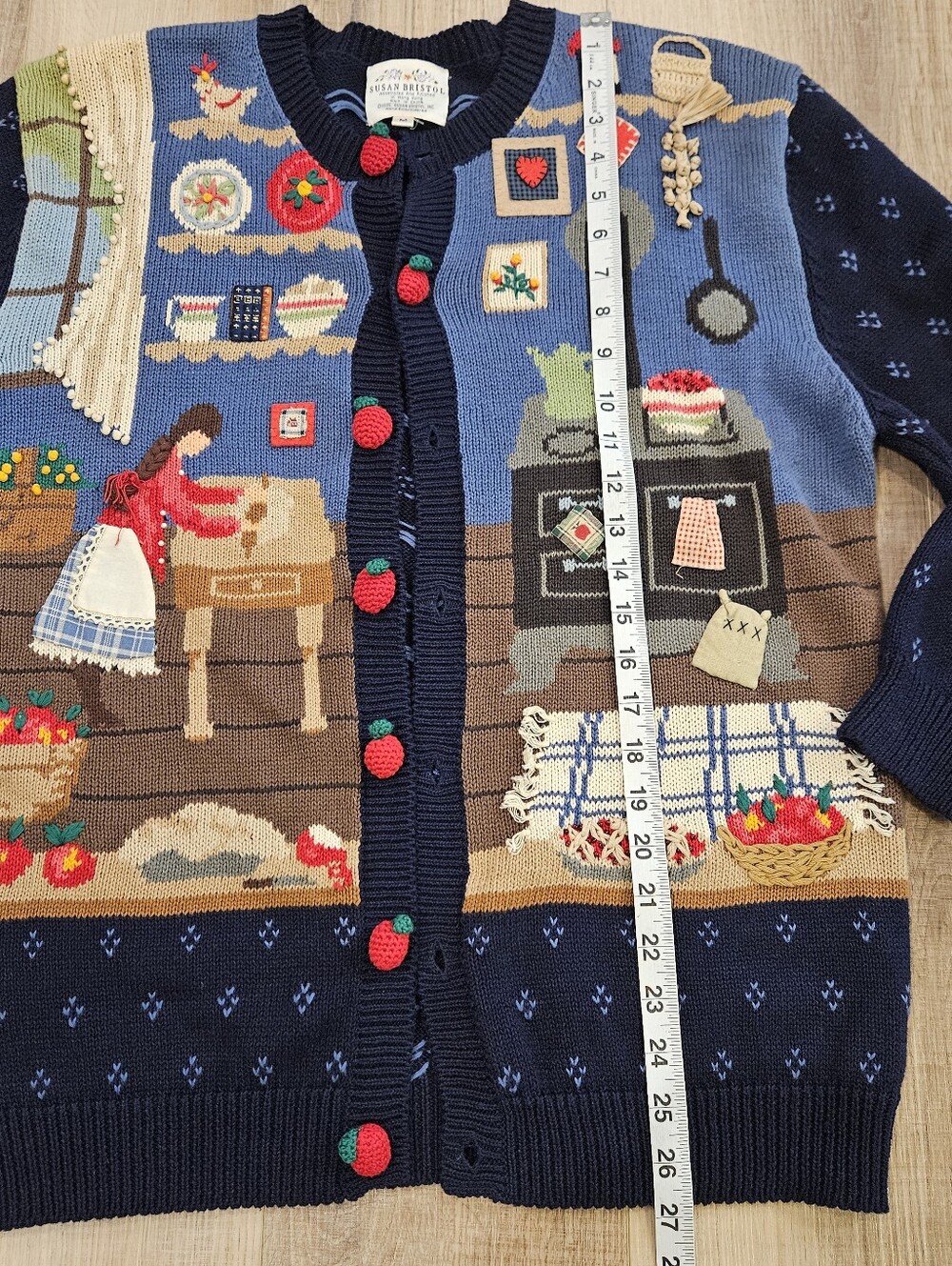 VTG 1995 Susan Bristol Cardigan Sweater Medium Folk Art Kitchen Art To Wear - Picture 9 of 11